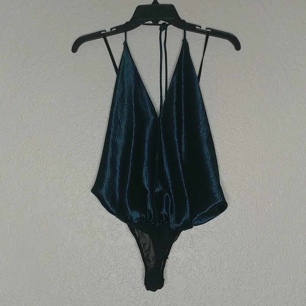 Free People Teal Satin Plunge Halter Bodysuit